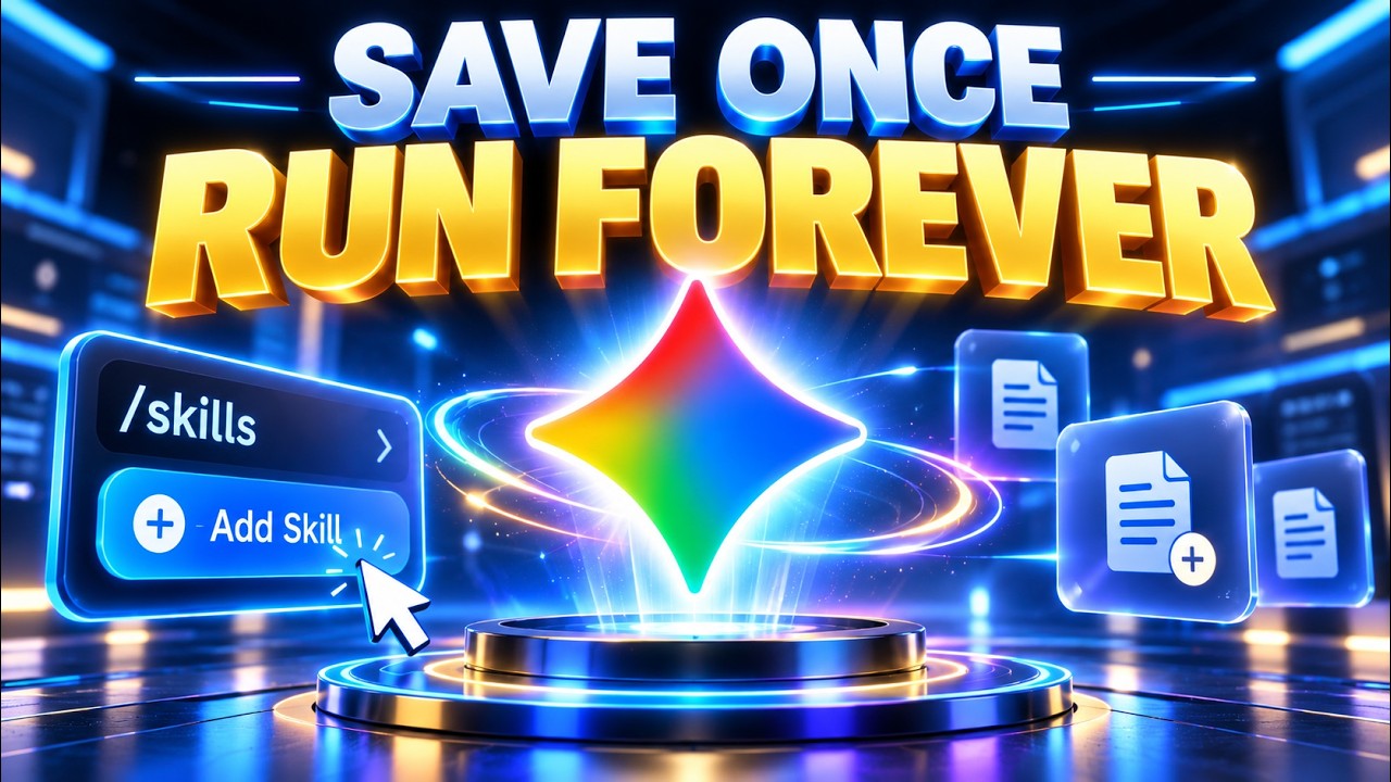 ภาพปกวิดีโอ Gemini Skills พร้อมข้อความ Save Once Run Forever และภาพจำลองเมนู Add Skill