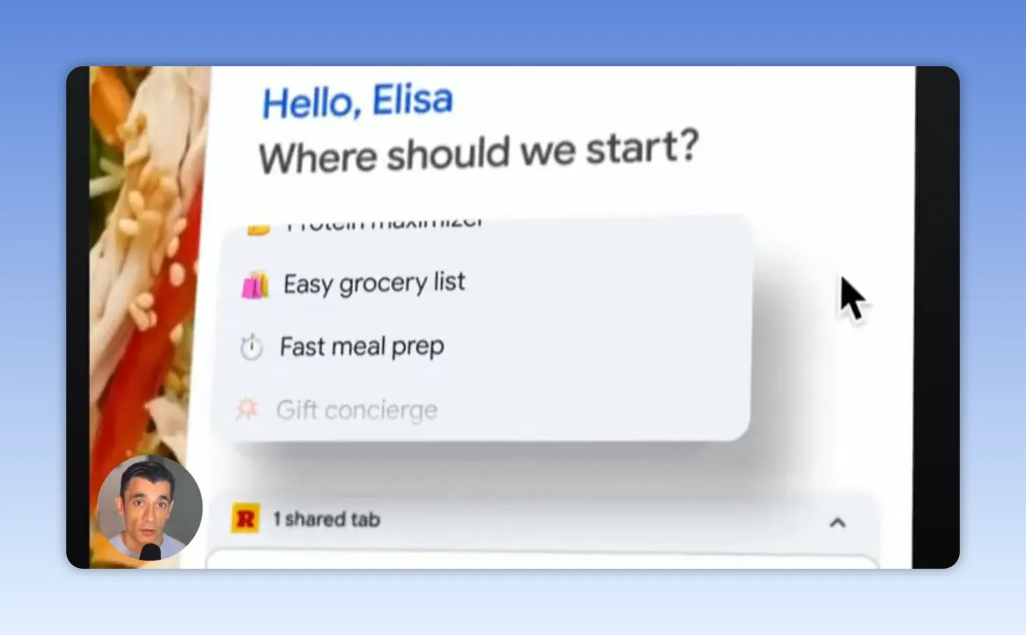 ภาพในวิดีโอแสดงรายการ Easy grocery list และ Fast meal prep พร้อมข้อความ 1 shared tab