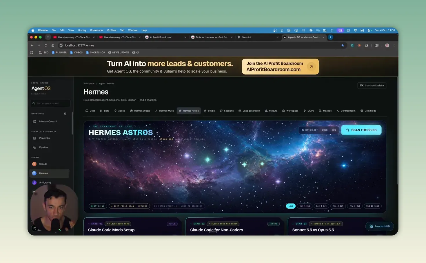 หน้า Agent OS แสดง Hermes Astros พร้อมภาพอวกาศและแท็บเครื่องมือด้านบน