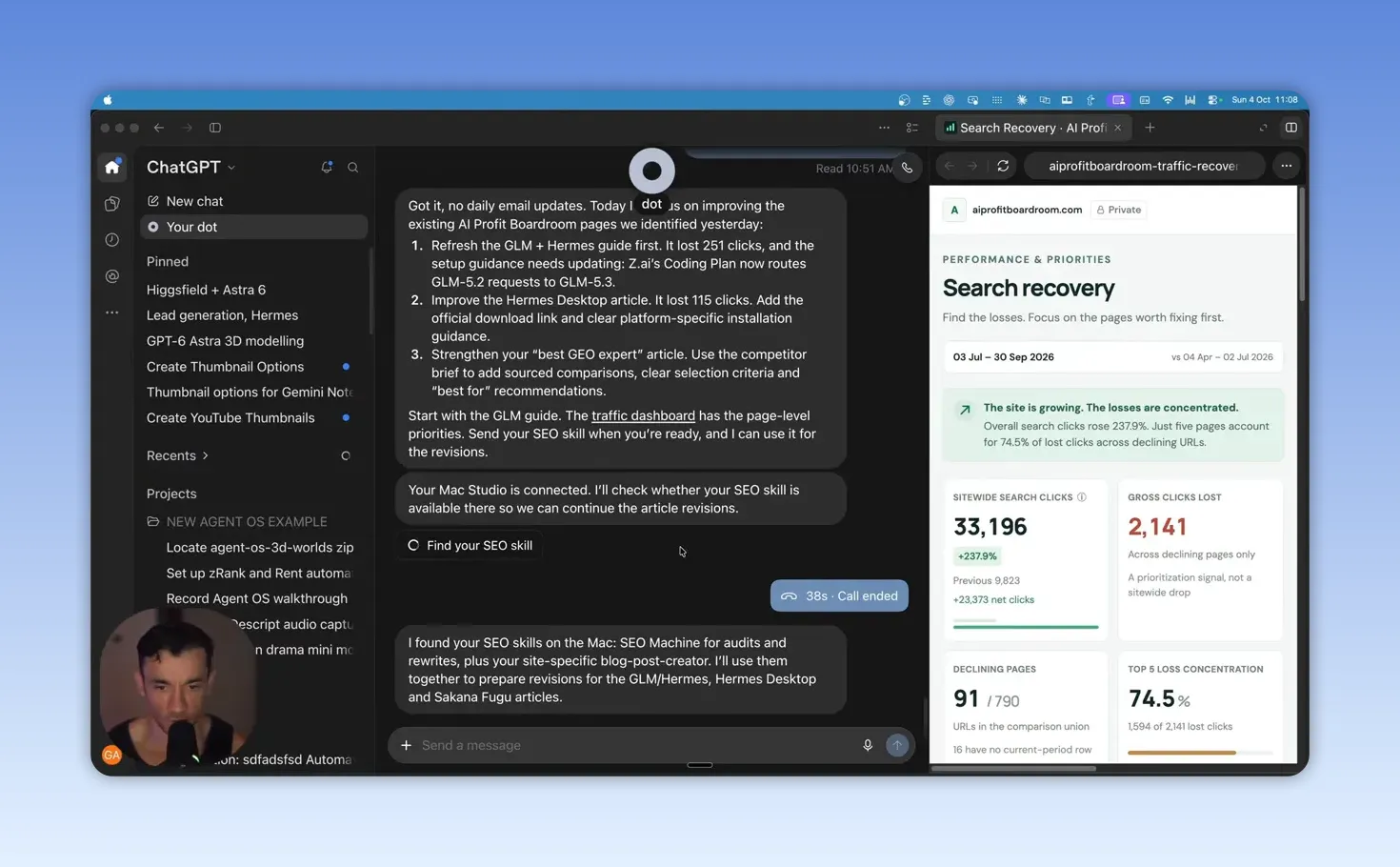 หน้าจอ ChatGPT มีบทสนทนาด้านซ้ายและแดชบอร์ด Search recovery พร้อมตัวเลขด้านขวา