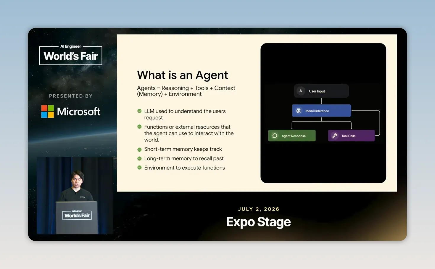 สไลด์ What is an Agent แสดง reasoning, tools, context, memory และ environment พร้อมวงจร model inference และ tool calls