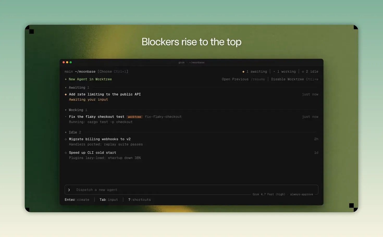 ภาพแดชบอร์ด Grok Build แยกกลุ่ม Awaiting, Working และ Idle โดยงานรอคำตอบอยู่ด้านบน