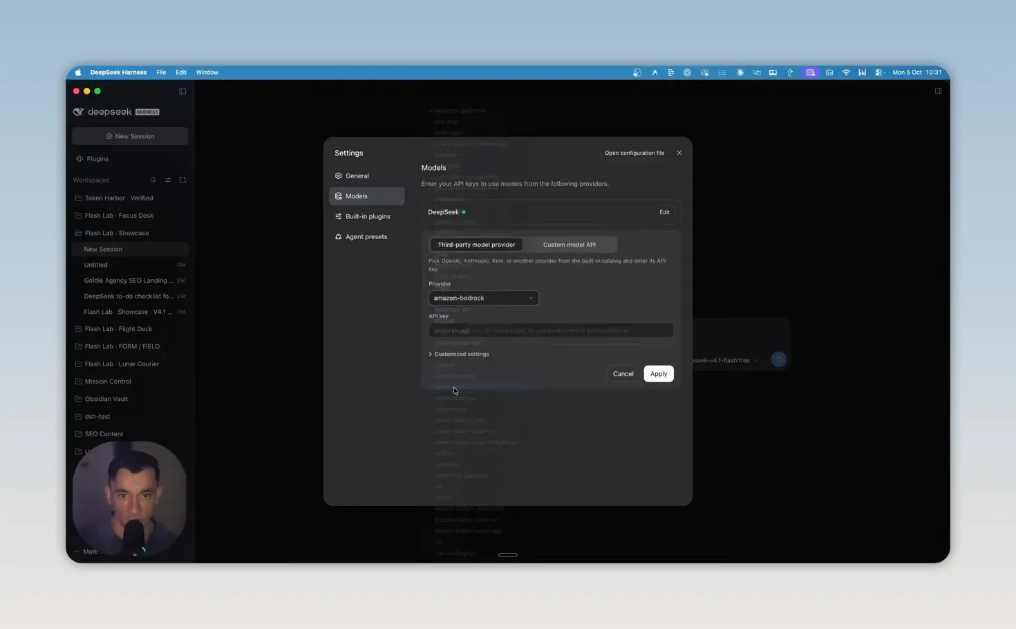 หน้าตั้งค่า Models ของ DeepSeek Harness มี Third-party model provider, Custom model API และแบบฟอร์ม API key
