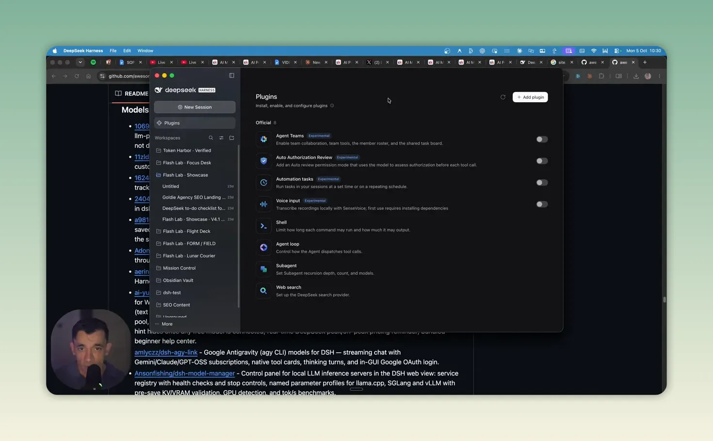 หน้าจัดการ Plugins ของ DeepSeek Harness แสดงรายการส่วนเสริม โดยหลายรายการติดป้าย Experimental