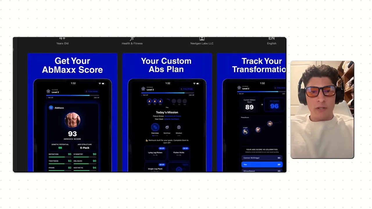 ภาพหน้าแนะนำ AbMaxx แสดง Get Your AbMaxx Score, Your Custom Abs Plan และ Track Your Transformation ข้างผู้ให้สัมภาษณ์
