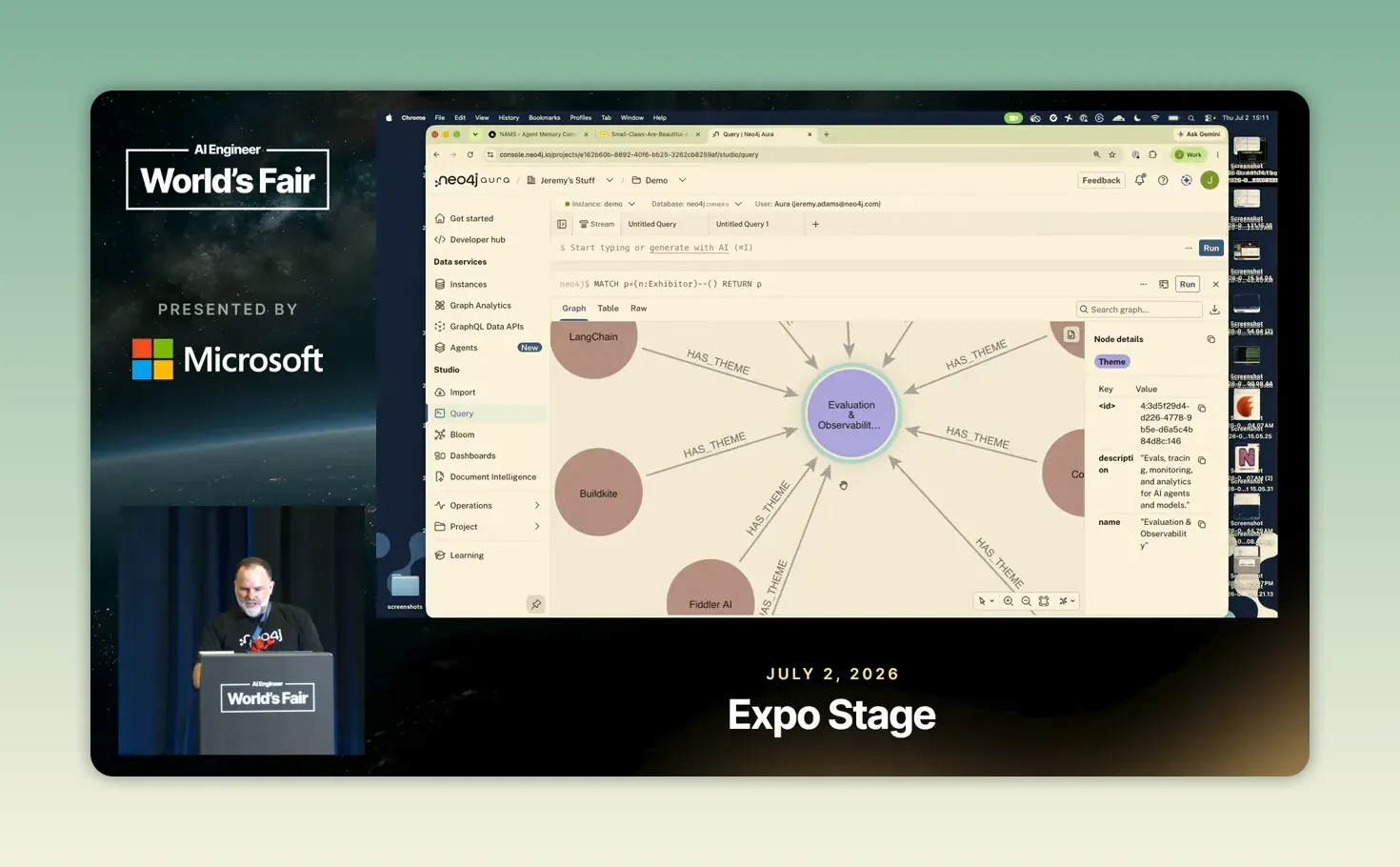 หน้าจอ Neo4j เชื่อม LangChain, Buildkite และผู้จัดแสดงรายอื่นกับโหนด Evaluation & Observability ผ่าน HAS_THEME