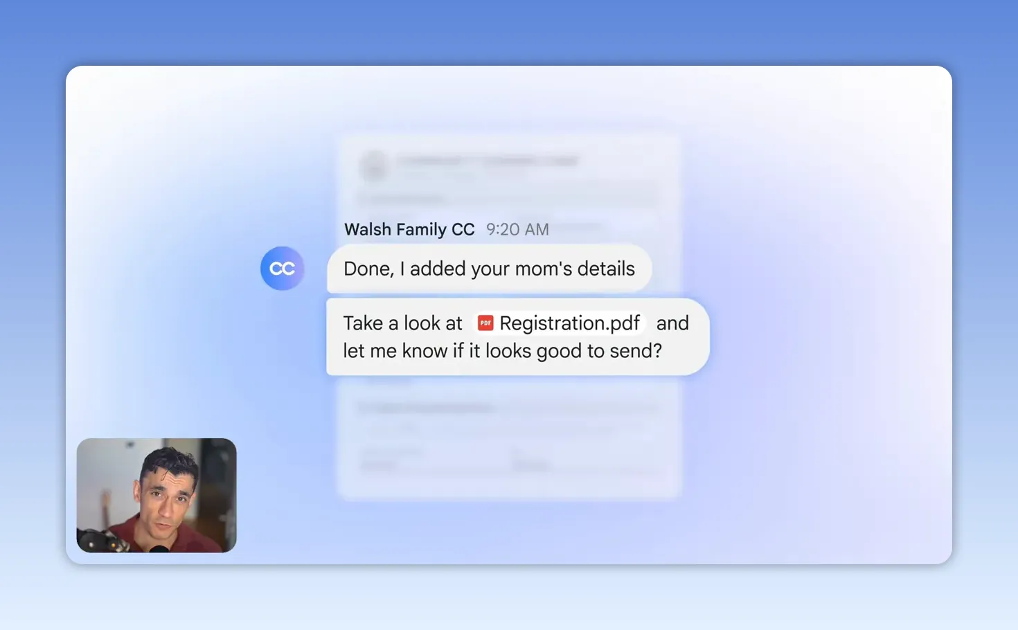 ข้อความจาก Walsh Family CC แนบ Registration.pdf และถามให้ผู้ใช้ตรวจว่าพร้อมส่งหรือไม่