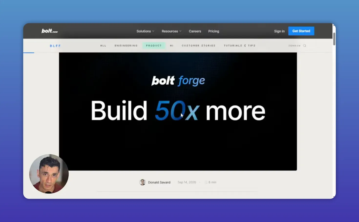 หน้าเว็บ Bolt Forge ในคลิป แสดงข้อความ Build 50x more และวันที่ Sep 14, 2026