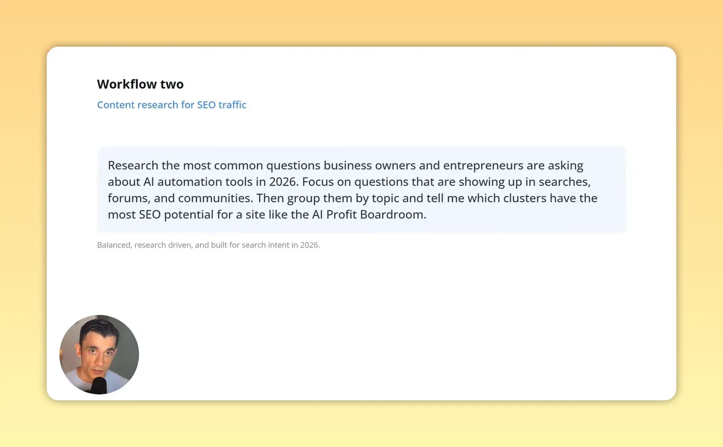 สไลด์ Content research for SEO traffic แสดงคำสั่งรวบรวมและจัดกลุ่มคำถาม