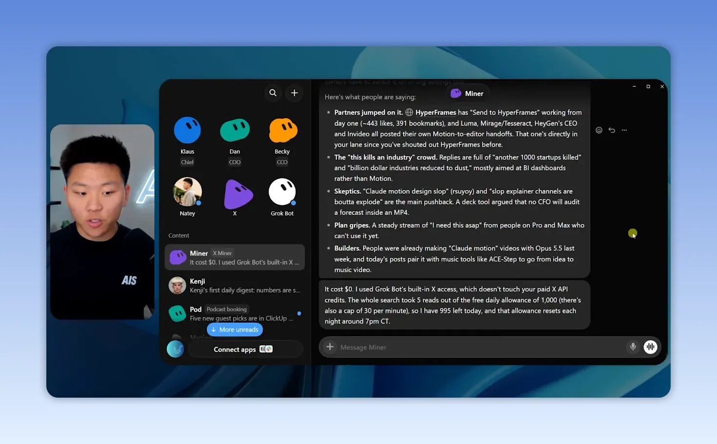 หน้าสนทนา Miner ในเดโม Grok Bot สรุปโพสต์เกี่ยวกับ Claude Motion และรายงานการใช้ X ในตัว