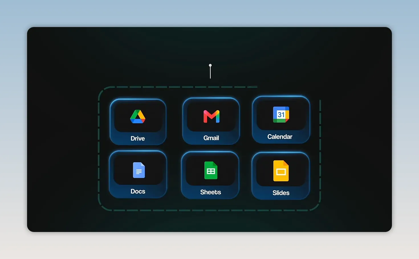 ภาพประกอบในคลิปแสดง Drive, Gmail, Calendar, Docs, Sheets และ Slides