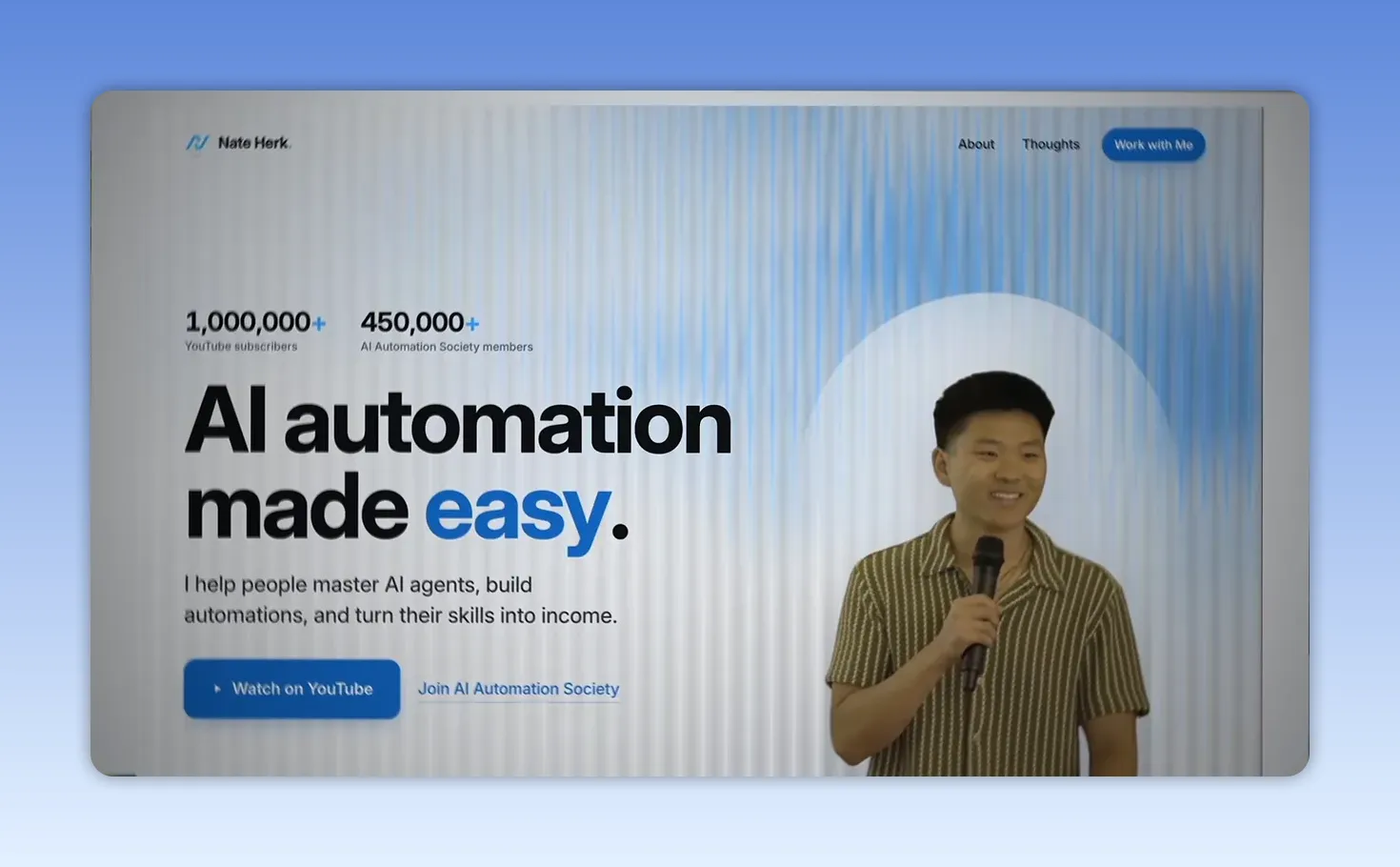 หน้าเว็บไซต์ส่วนตัวของ Nate Herk พร้อมข้อความ AI automation made easy
