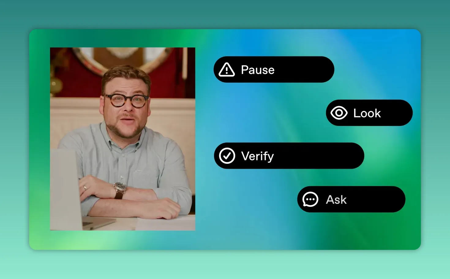 กราฟิกสี่ขั้นตอน Pause Look Verify Ask พร้อมผู้บรรยายจาก OpenAI Academy