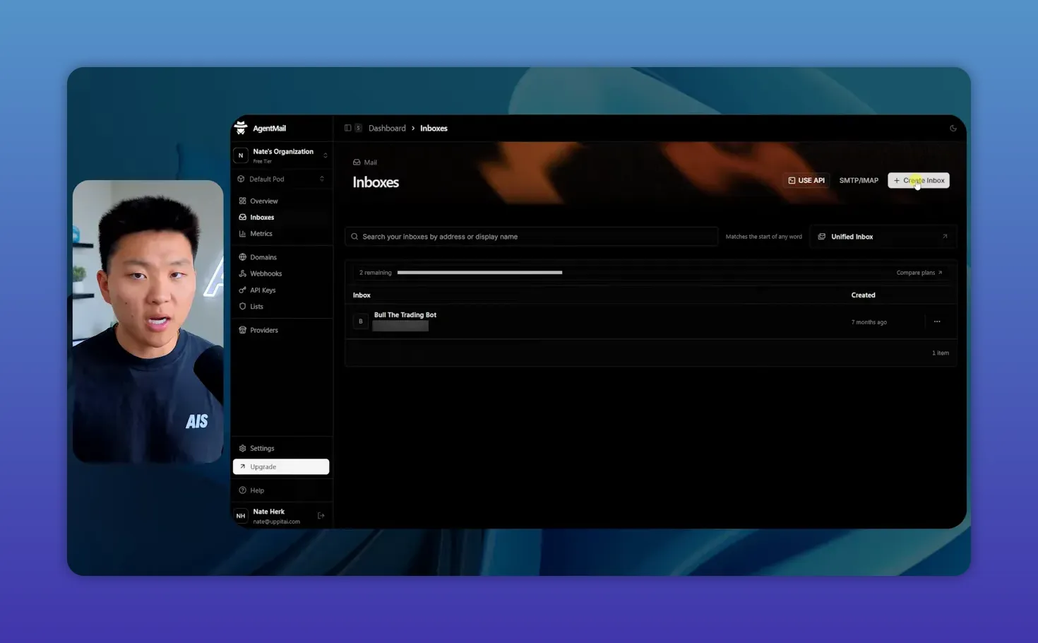 หน้า Inboxes ของ AgentMail ในเดโม Nate Herk พร้อมปุ่ม Create Inbox