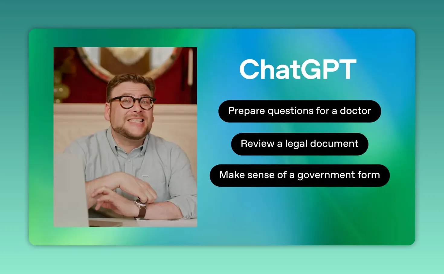หน้าจอแสดงงาน ChatGPT สำหรับเตรียมคำถามแพทย์ ตรวจเอกสารกฎหมาย และทำความเข้าใจแบบฟอร์มรัฐ