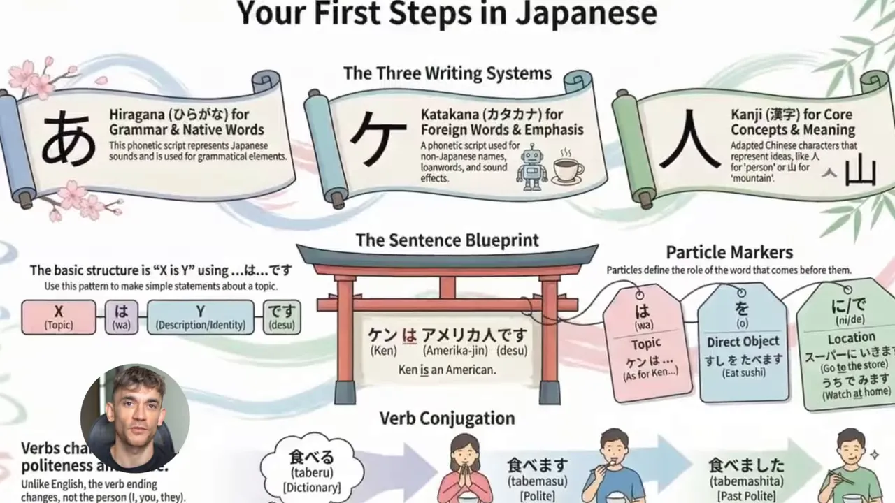 Educational infographic 'Your First Steps in Japanese' showing hiragana, katakana, kanji and a sentence blueprint with pastel illustrations