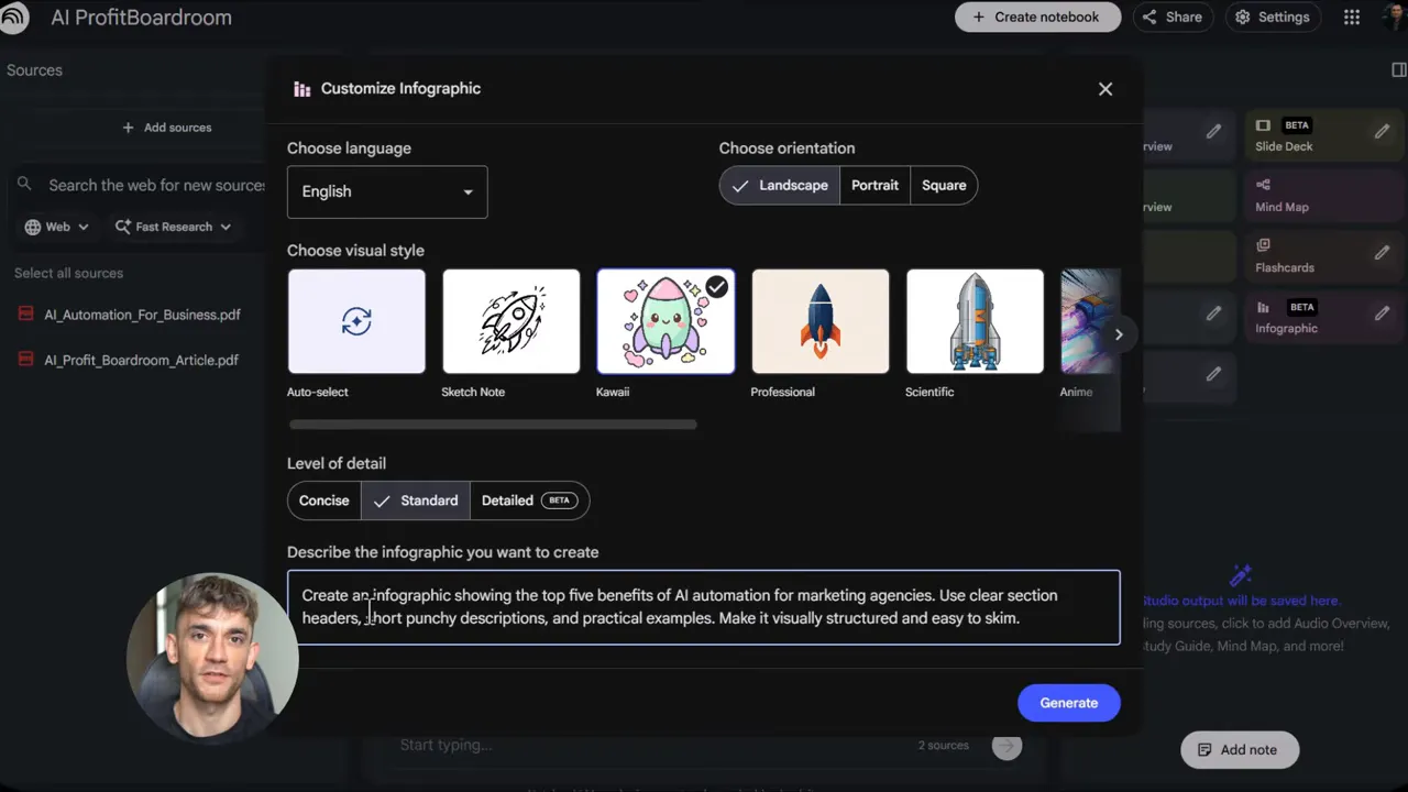 หน้าต่าง Customize Infographic แสดงสไตล์ Kawaii ถูกเลือก พร้อมช่อง 'Describe the infographic you want to create' และปุ่ม Generate