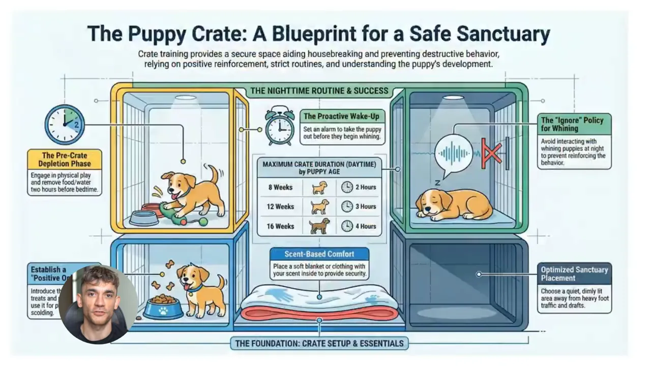 อินโฟกราฟิก 'The Puppy Crate: A Blueprint for a Safe Sanctuary' เค้าโครงชัดเจน มีหัวข้อและบล็อกข้อมูลที่อ่านง่าย