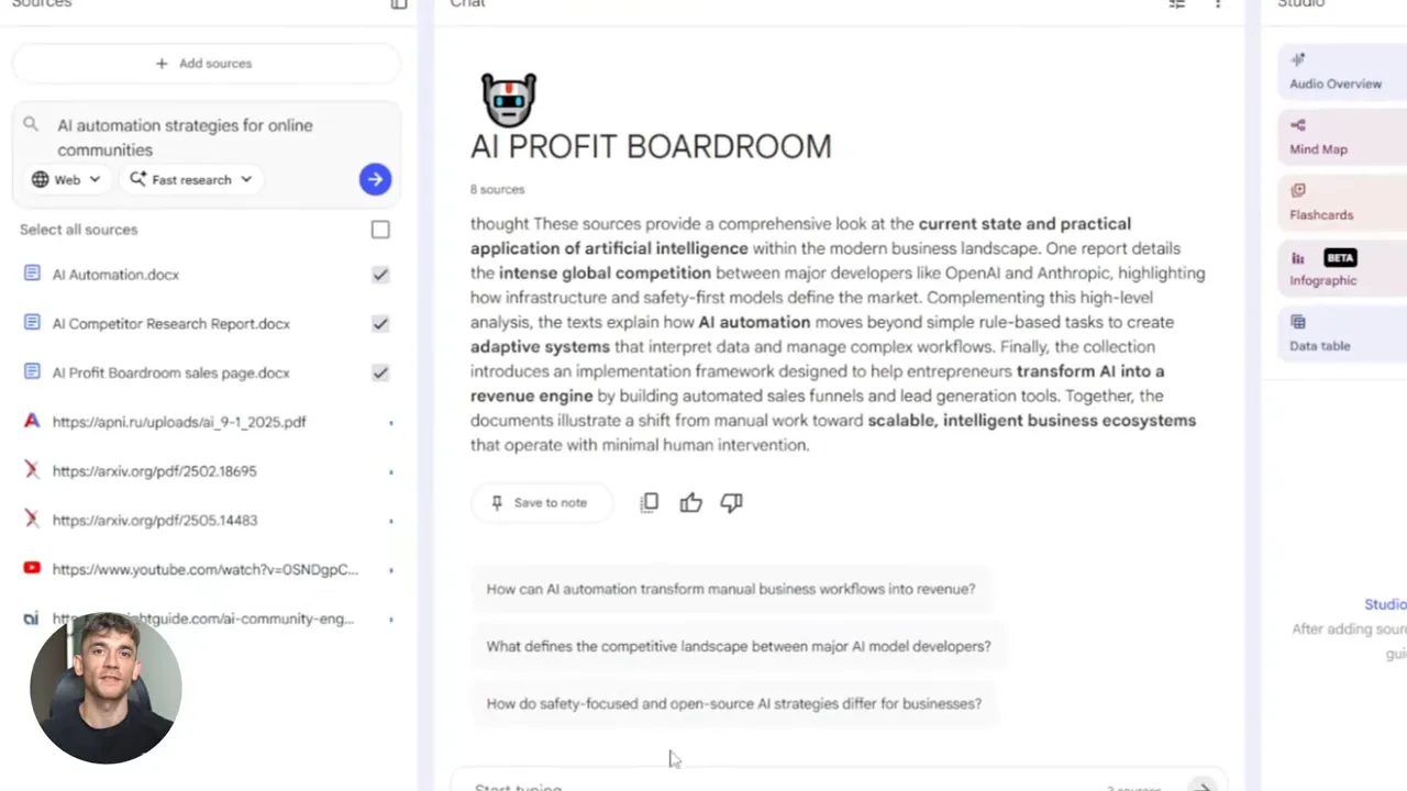 NoteBookLM Discover panel listing multiple web and document sources, central chat summary and studio options on the right