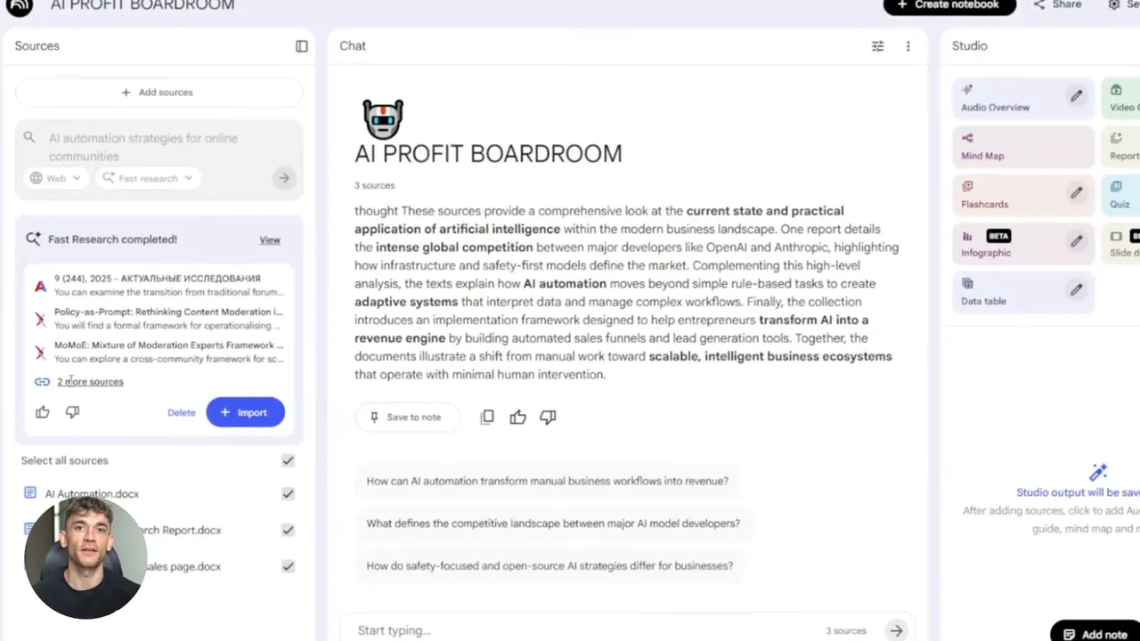 NotebookLM Discover panel showing 'Fast Research completed' results and import option with sources list