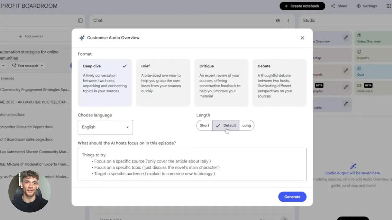 Customize Audio Overview dialog in NoteBookLM with format cards and length options selected