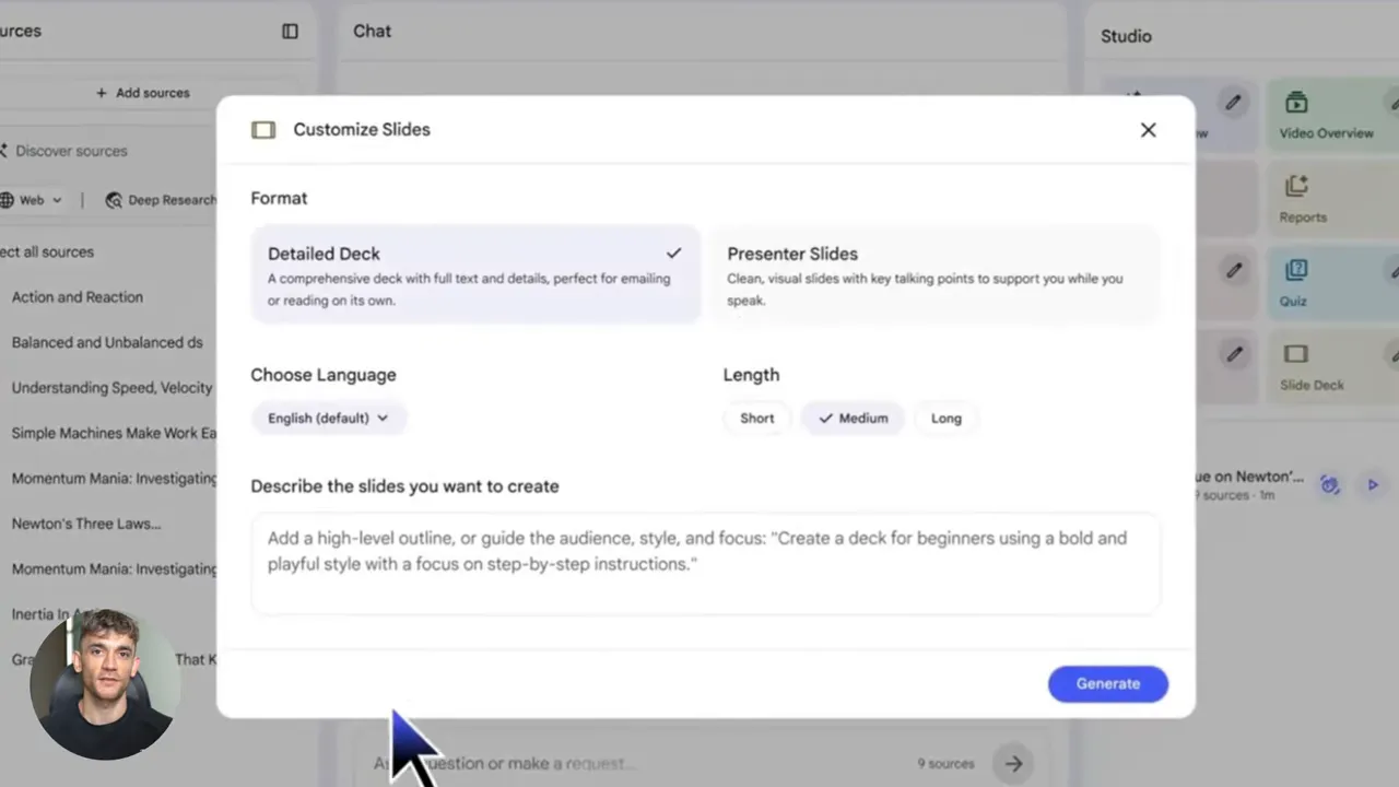 Customize Slides dialog in NoteBookLM showing Detailed Deck and Presenter Slides options with language and length controls