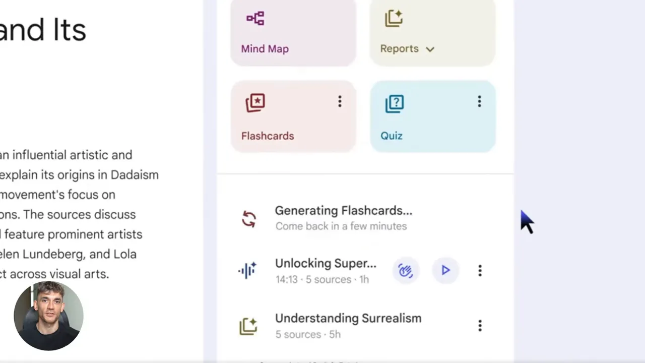NoteBookLM interface showing 'Generating Flashcards' status and a list of generated items