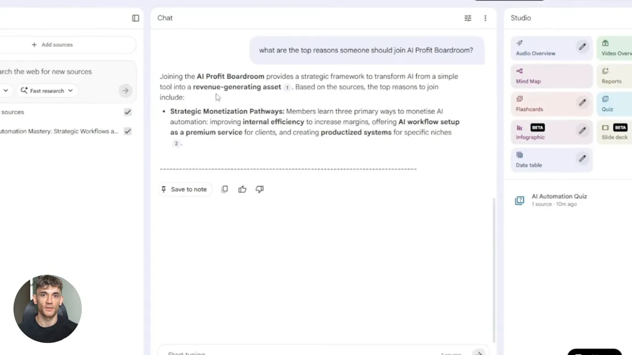 NoteBookLM chat answer showing bulleted reasons and summary text with Studio panel visible on the right
