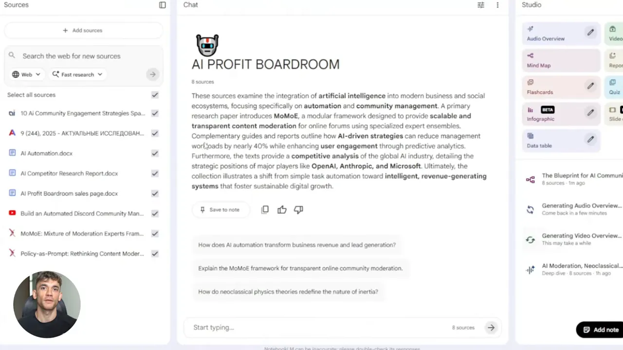 NotebookLM main screen titled 'AI PROFIT BOARDROOM' with sources list on the left, chat summary in center, and studio tools on the right