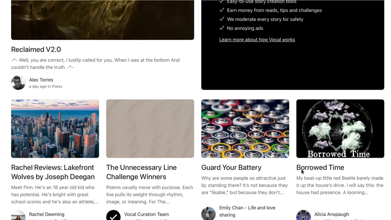 Vocal Media homepage grid showing article cards, thumbnails and excerpts