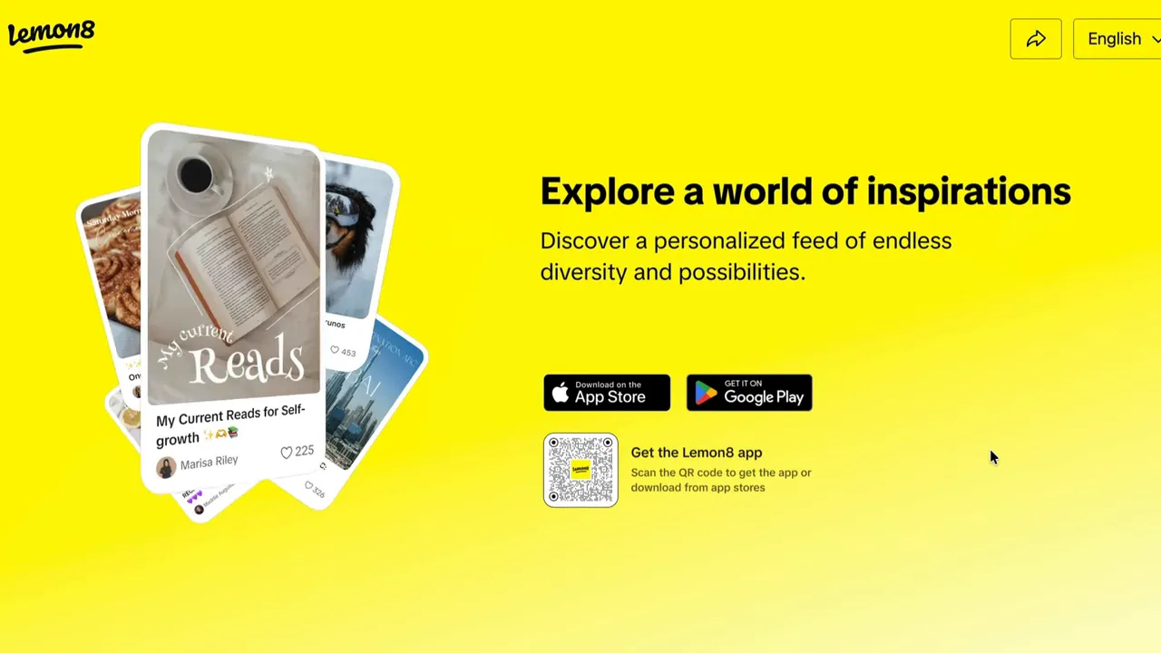 Lemon8 landing page with sample content cards, app store buttons and QR code on bright yellow background