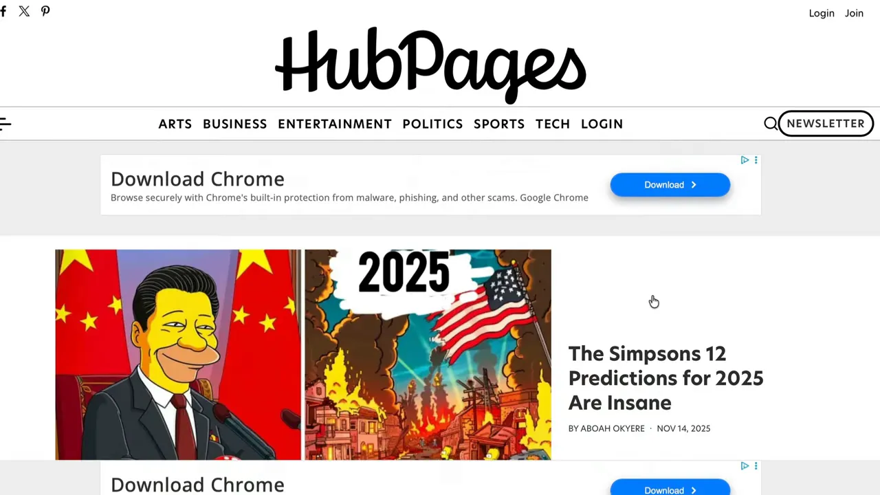 HubPages homepage showing the HubPages logo, navigation bar and article thumbnail grid