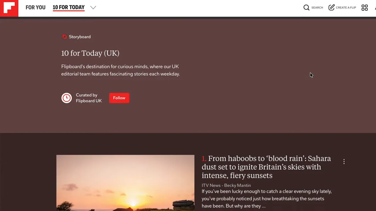 Flipboard magazine page '10 for Today' with header and article preview