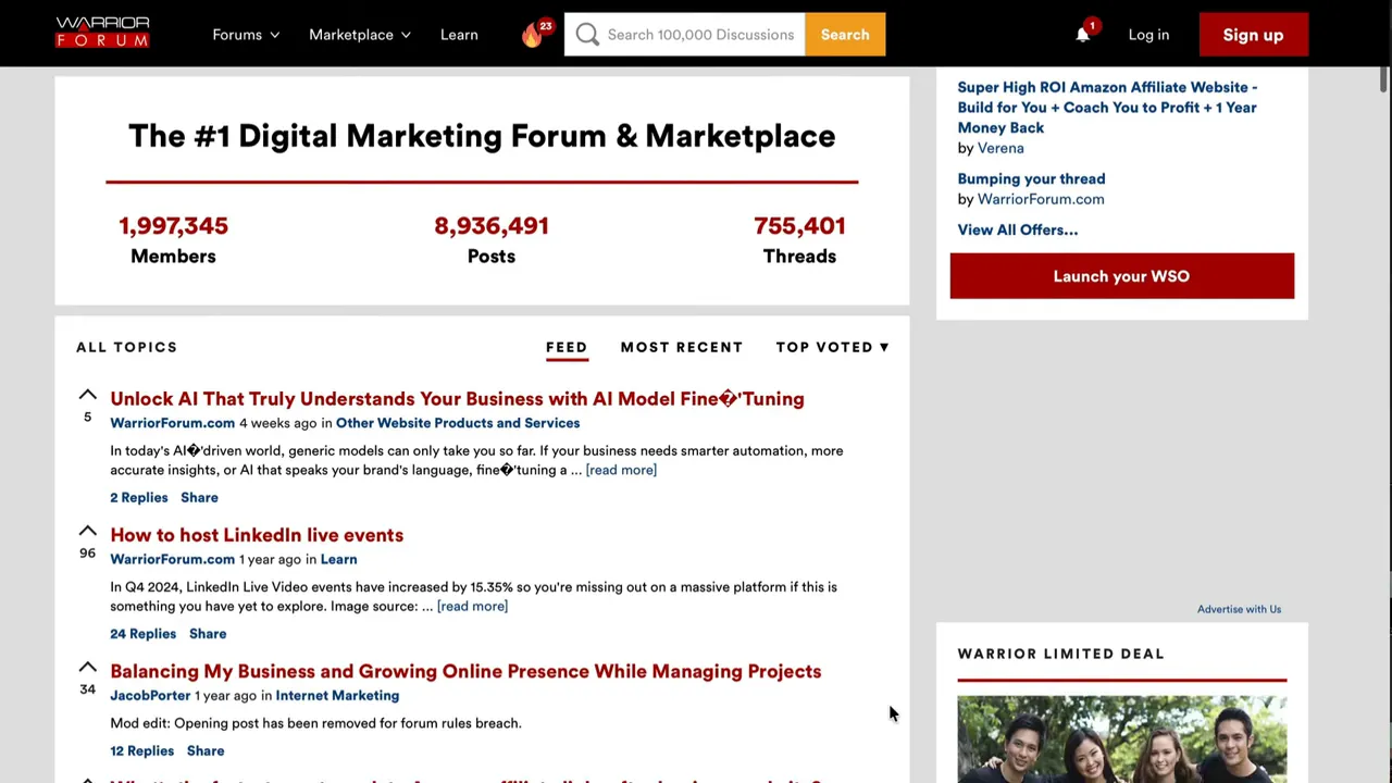 Warrior Forum homepage screenshot showing forum stats, threads and topic feed
