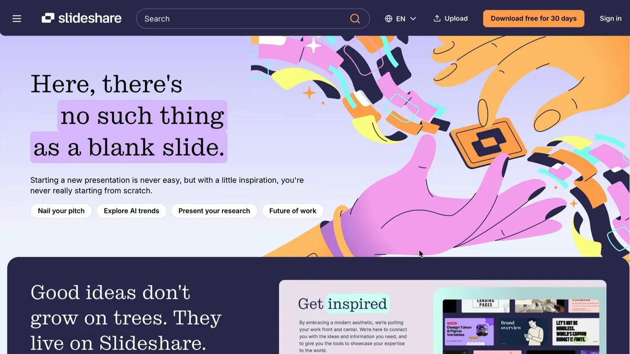 SlideShare homepage hero with text 'Here, there's no such thing as a blank slide' and navigation bar