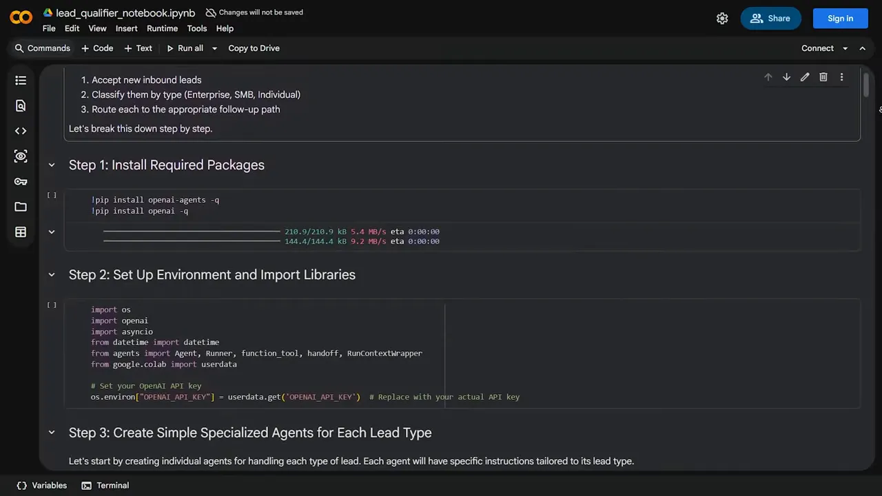 Google Colab Notebook แสดงขั้นตอนติดตั้งแพ็กเกจ ตั้งค่าไลบรารี และเริ่มการทำงานแบบ step-by-step