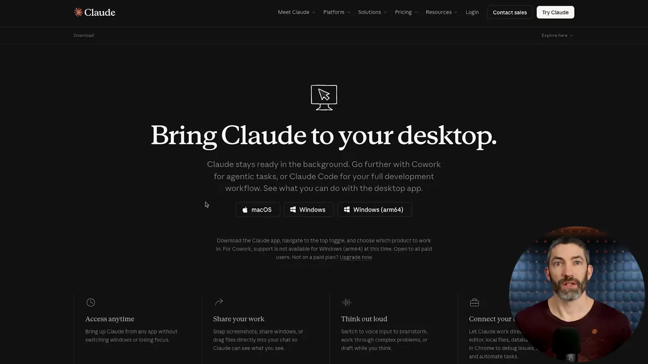 Website landing page reading 'Bring Claude to your desktop' with download buttons for macOS and Windows and a small presenter thumbnail