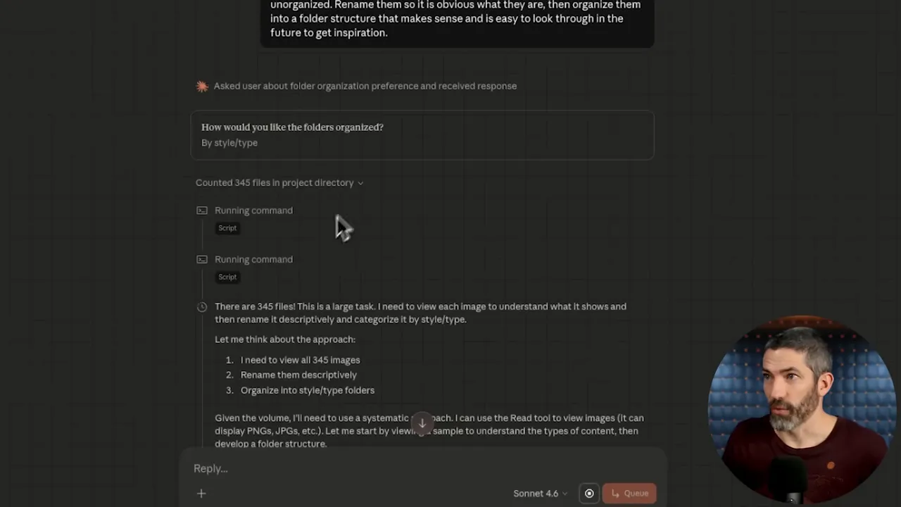 Claude Cowork UI showing running commands and a plan to view, rename and organize 345 images, clear text visible