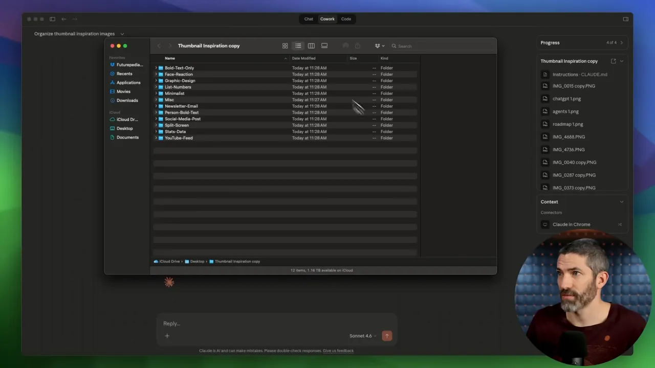 Finder window showing organized 'Thumbnail Inspiration copy' folders like Bold-Text-Only and Face-Reaction