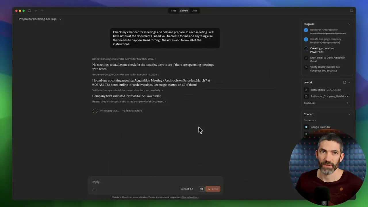 Claude Cowork UI showing progress sidebar with 'Creating acquisition PowerPoint' and 'Writing pptx' status; company brief file listed in cowork panel