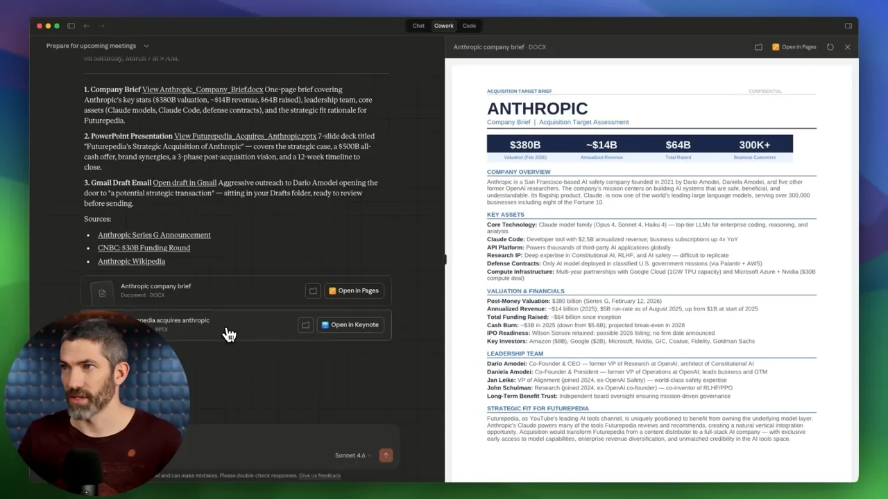 Claude Cowork UI showing a one-page company brief titled 'ANTHROPIC' with task list visible and presenter thumbnail