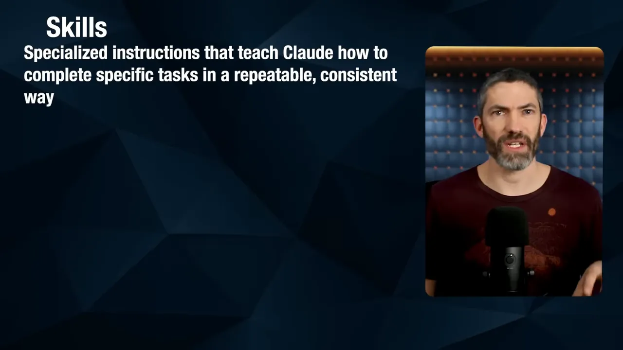 Slide titled 'Skills' with explanatory text 'Specialized instructions that teach Claude how to complete specific tasks in a repeatable, consistent way' and a presenter inset on the right