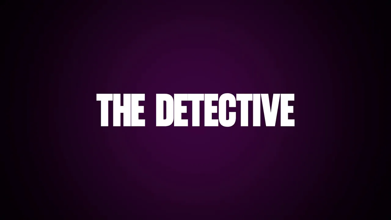 สไลด์ตัวอักษร THE DETECTIVE สีขาวบนพื้นม่วงเข้ม
