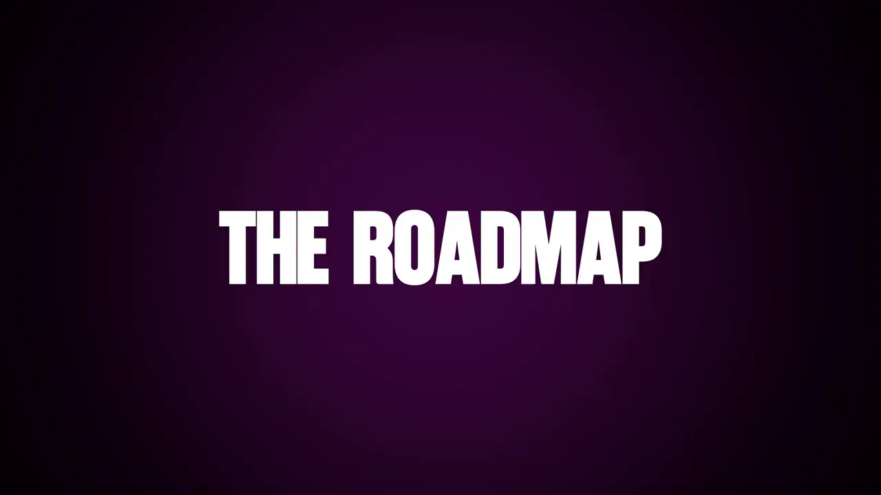 สไลด์ข้อความ 'THE ROADMAP' บนพื้นม่วงเข้ม