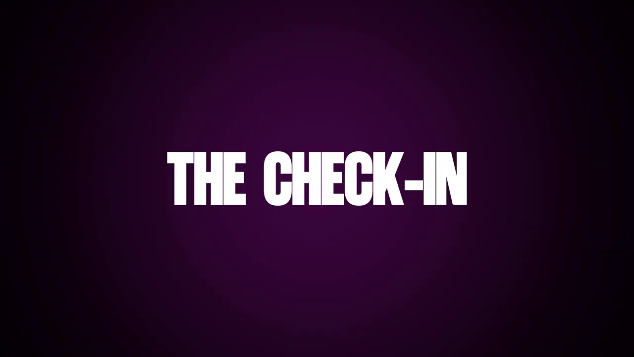 สไลด์ข้อความ THE CHECK‑IN บนพื้นม่วงเข้ม