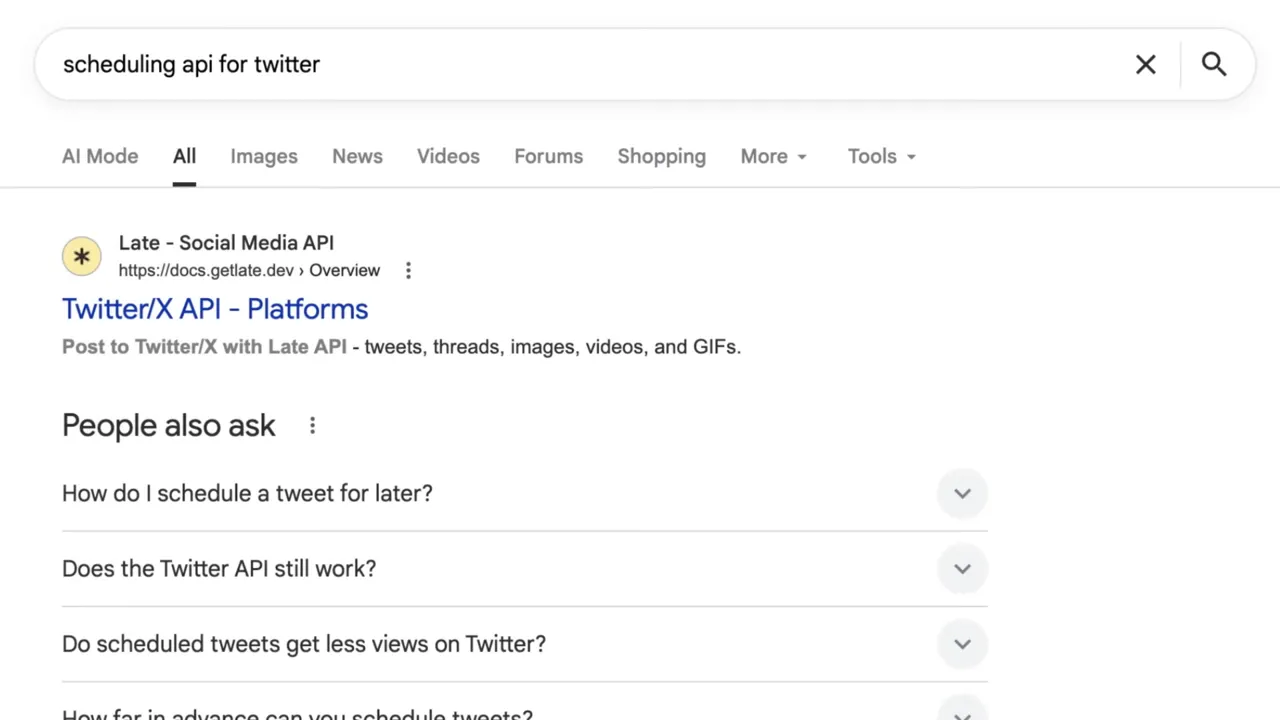 Google search results for 'scheduling api for twitter' with People Also Ask