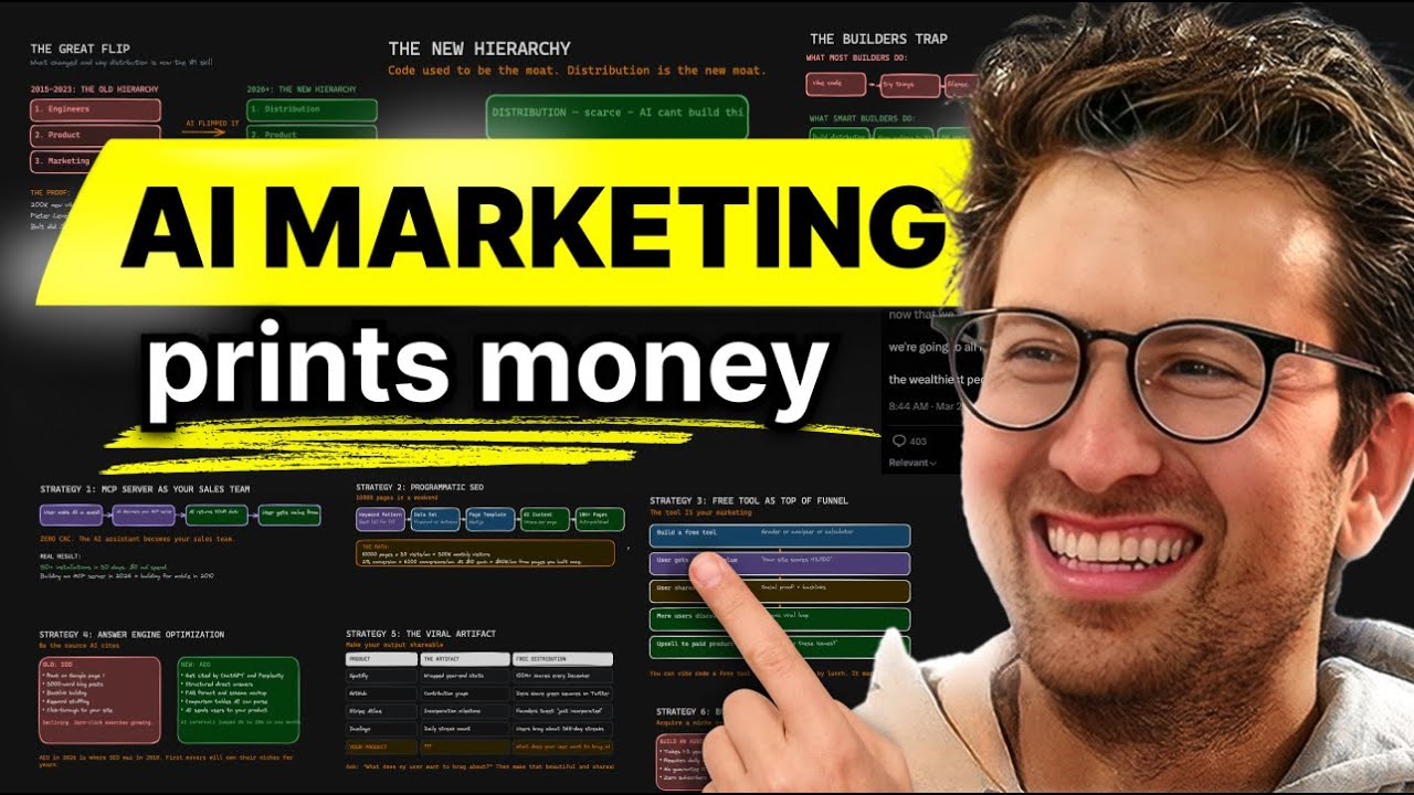 ภาพปกผู้พูดกับข้อความ AI MARKETING prints money และแผนภาพกลยุทธ์การตลาดของต้นทาง