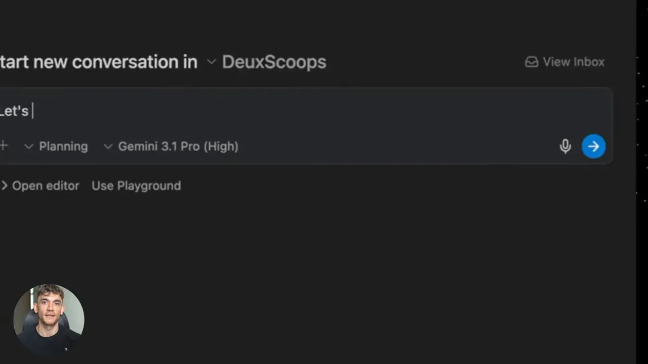 AntiGravity start conversation interface showing Gemini 3.1 Pro model selection and input box