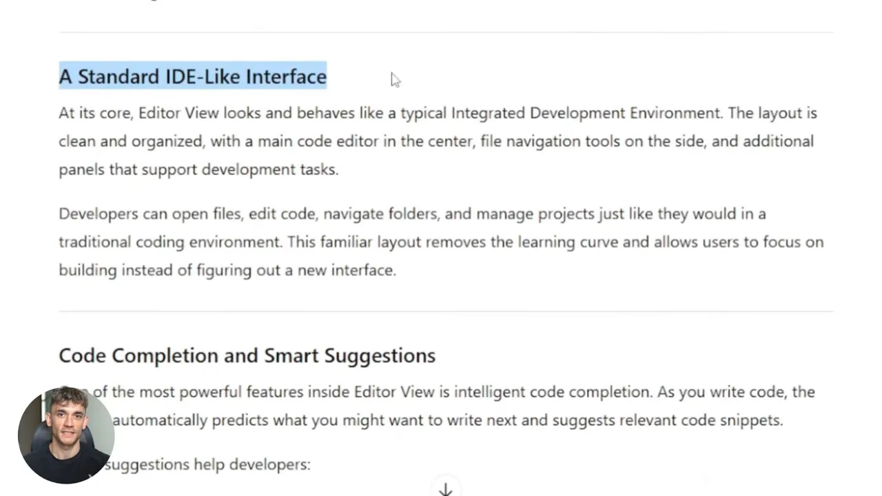 ส่วนหัว 'A Standard IDE‑Like Interface' และย่อหน้าที่อธิบายลักษณะของ Editor view ในแอป