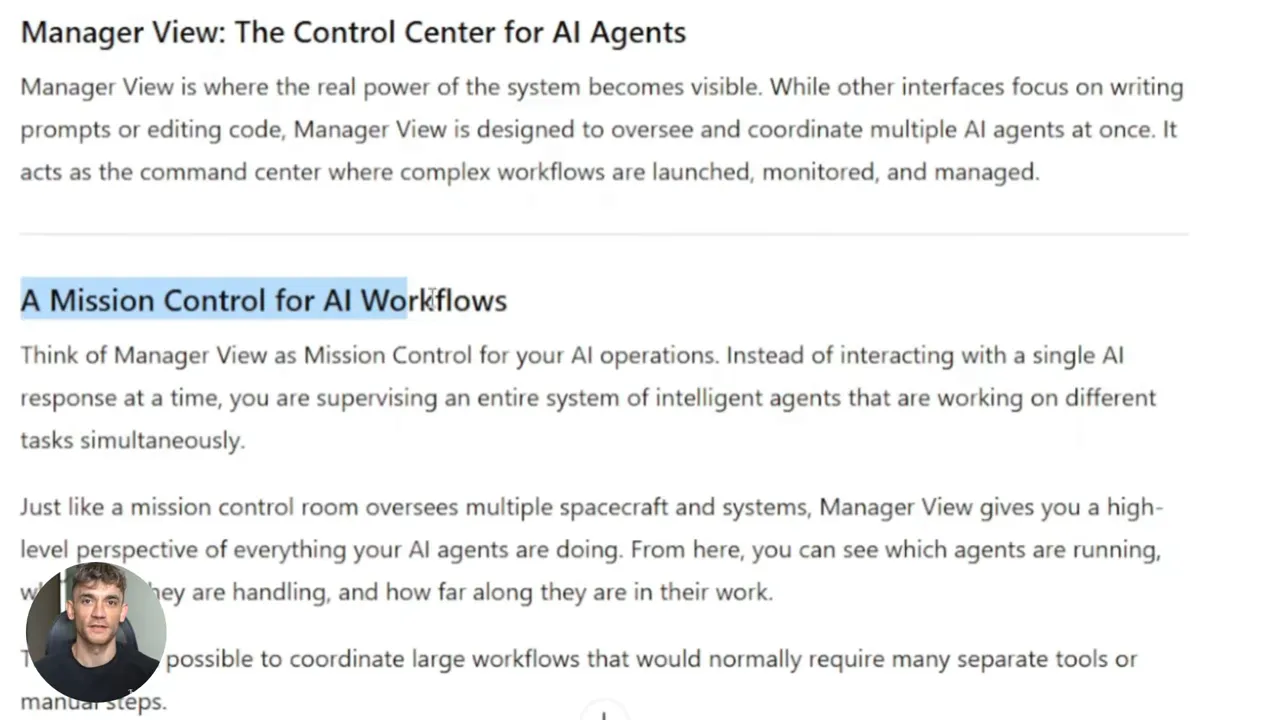 หน้าเว็บแสดงหัวข้อ 'Manager View: The Control Center for AI Agents' และหัวข้อย่อย 'A Mission Control for AI Workflows' พร้อมภาพผู้บรรยายมุมล่าง